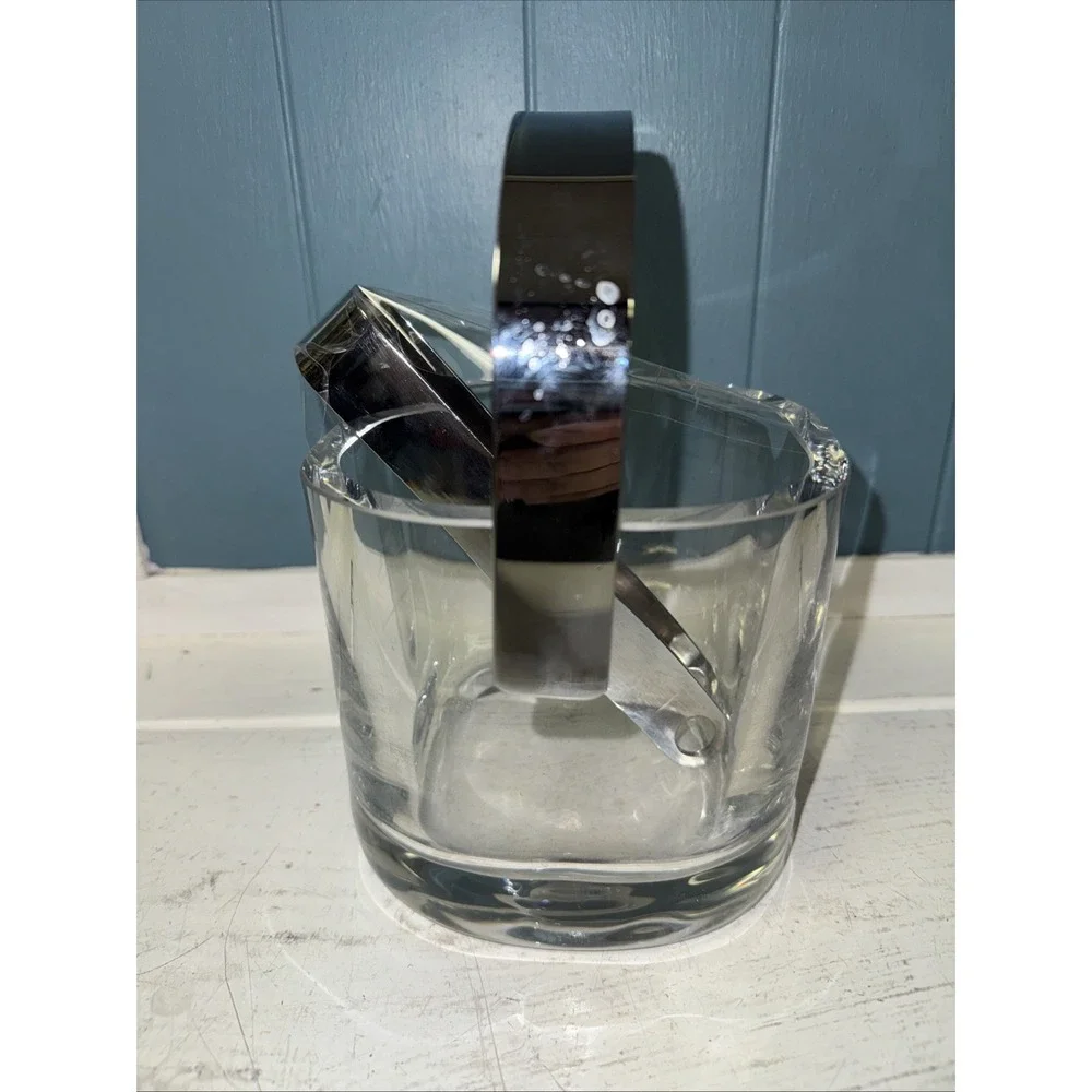Orrefors Sweden Lead Crystal Ice Bucket Original Sticker Vtg 70s Tongs Drain Set